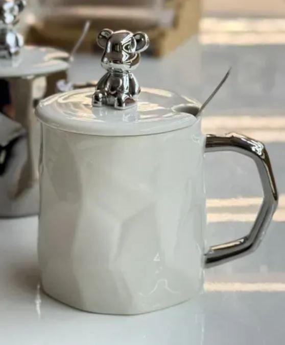 Кружка з кришкою і ложкою, білий, "Silver bear" 400мл